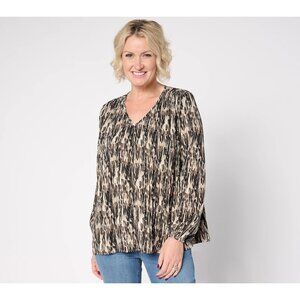 Belle by Kim Gravel Micropleat V Neck Printed Blouse Size Small Sand Bar Neutral